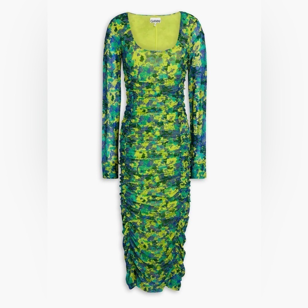 GANNI Ruched‎ floral printed Green 12 stretch-mesh midi dress - Picture 3 of 10